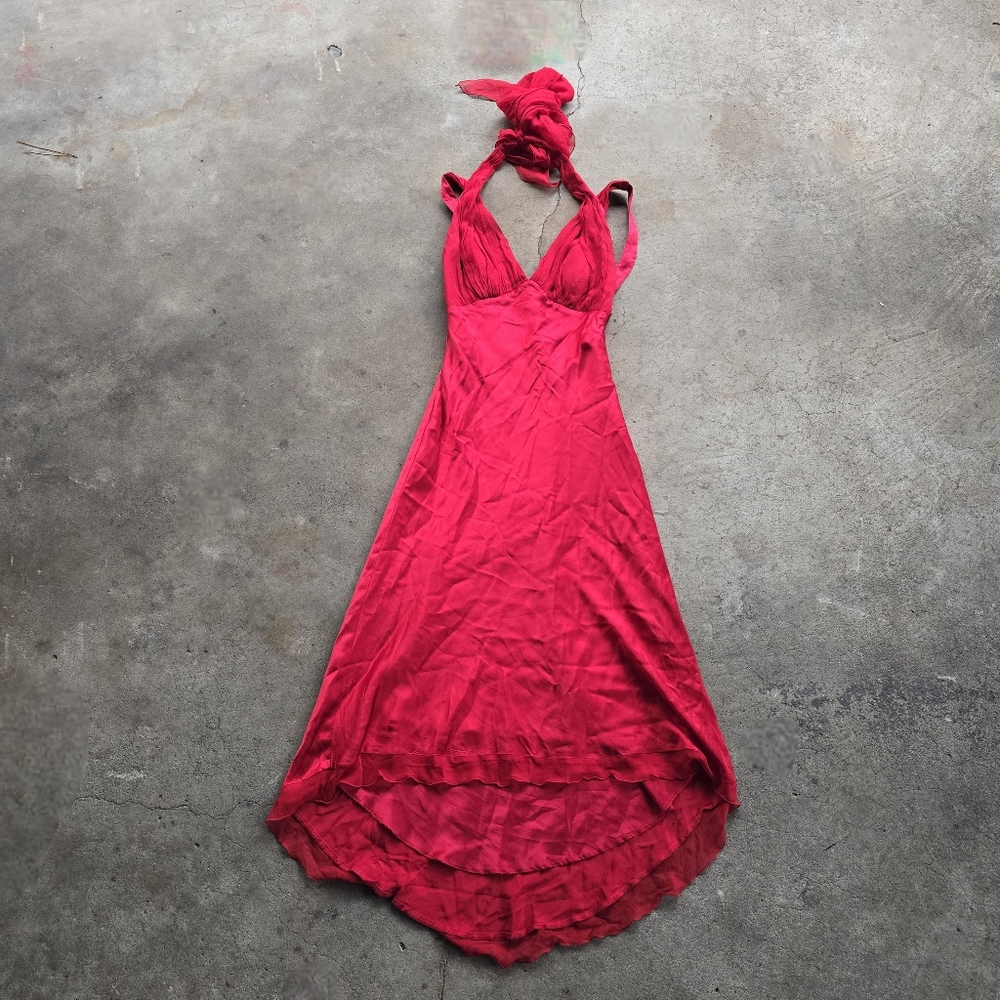 Vintage 90s Cache Halter Evening Maxi Slip Dress Size 4 Red Formal Y2K Dreamy